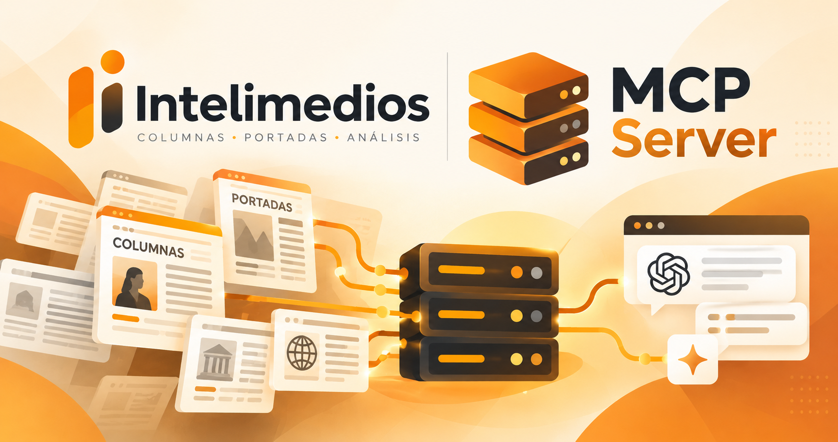 Ilustración del servidor MCP de Intelimedios conectado a columnas, portadas y un asistente de IA